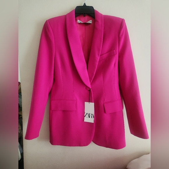 Zara tuxedo collar blazer neon fuschia sz S BNWT - Picture 2 of 7